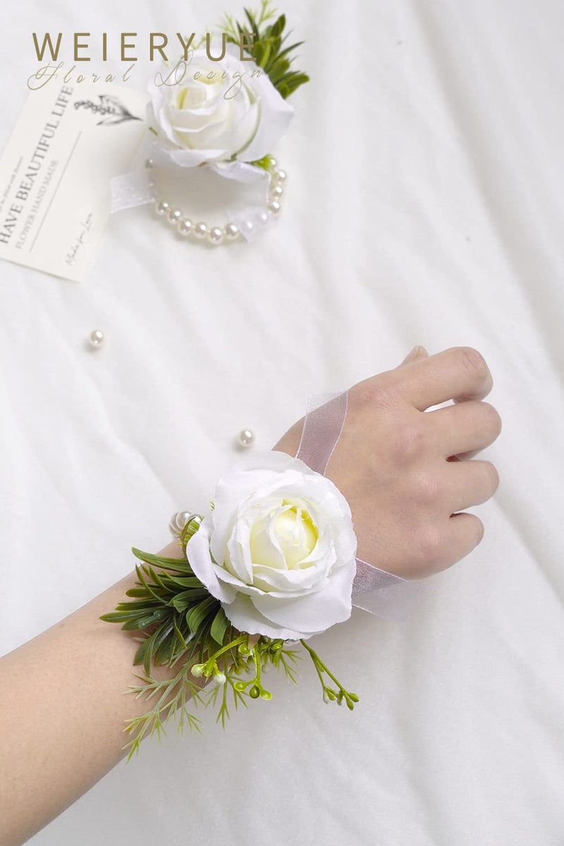 WEIERYUE Artificial Flowers White Rose Wrist Flowers and Men's Corsage Wedding Flowers Ceremony (4pcs White Wrist Corsages) - Image 3