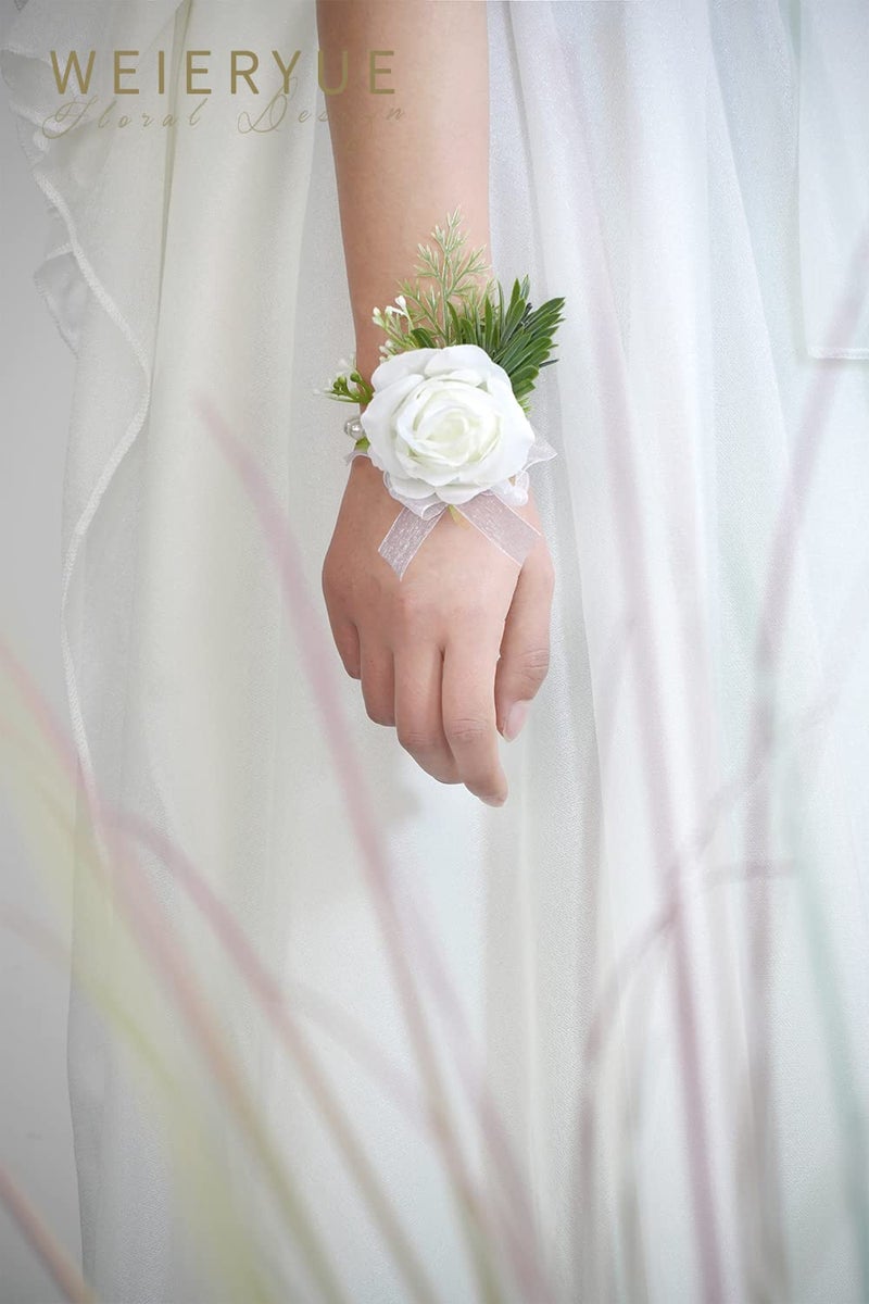 WEIERYUE Artificial Flowers White Rose Wrist Flowers and Men's Corsage Wedding Flowers Ceremony (4pcs White Wrist Corsages) - Image 2