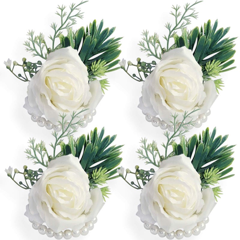 WEIERYUE Artificial Flowers White Rose Wrist Flowers and Men's Corsage Wedding Flowers Ceremony (4pcs White Wrist Corsages) - Image 1