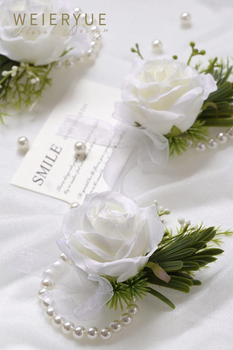 WEIERYUE Artificial Flowers White Rose Wrist Flowers and Men's Corsage Wedding Flowers Ceremony (4pcs White Wrist Corsages) - Image 5