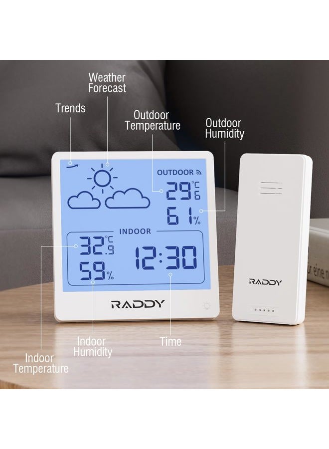 Raddy WF-50 Weather Station Wireless Indoor and Outdoor Use, Battery-Operated Temperature and Humidity Meter with 5.0 Inch TN Display, Weather Forecast, Wireless Remote Sensor (White) - Image 2