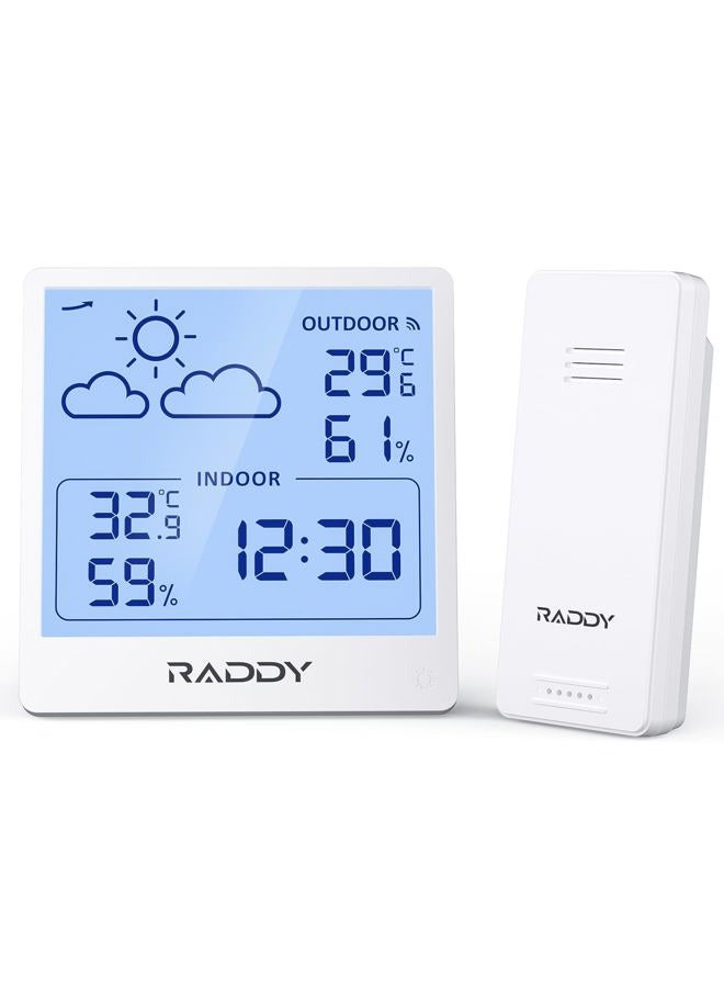 Raddy WF-50 Weather Station Wireless Indoor and Outdoor Use, Battery-Operated Temperature and Humidity Meter with 5.0 Inch TN Display, Weather Forecast, Wireless Remote Sensor (White) - Image 1