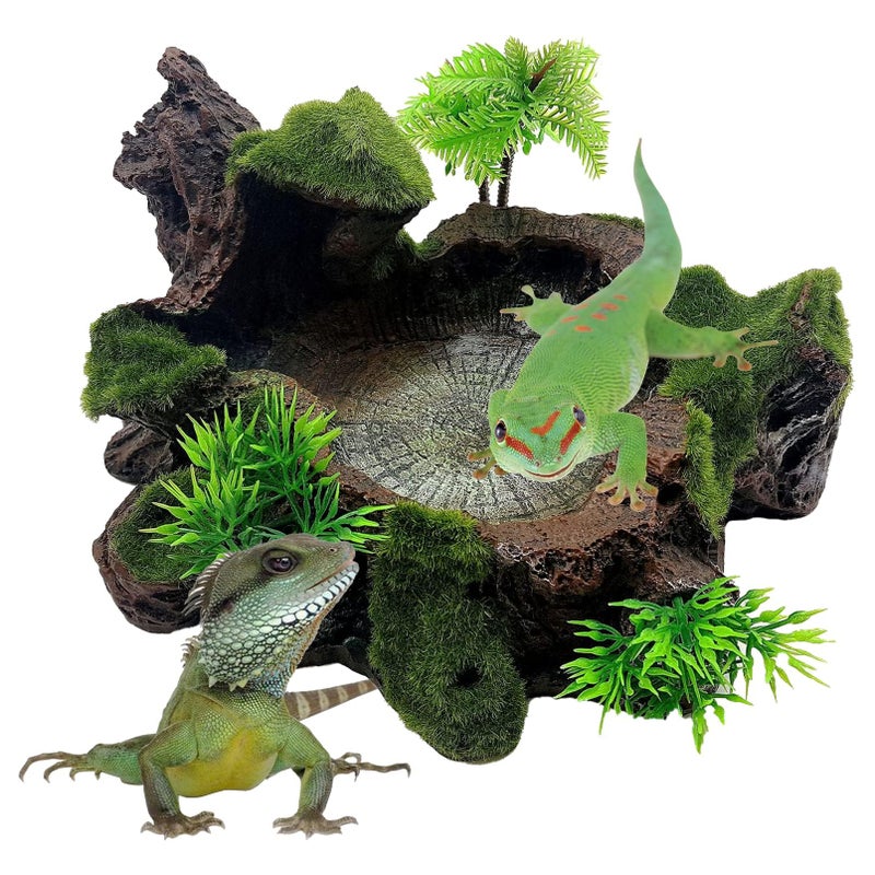 Hamiledyi Reptile Tank Decor Resin Reptile Platform with Artificial Plants Reptile Water Dish Food Bowl Reptile Feeding Dish for Lizard Small Turtle Gecko Water Frog Snake Amphibian Crawling Platform - Image 1