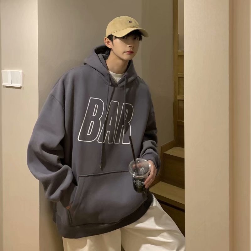 Mens Winter Thickened Fleece Hoodie Casual Korean Trend Oversized Letter Coat W127 dark gray 