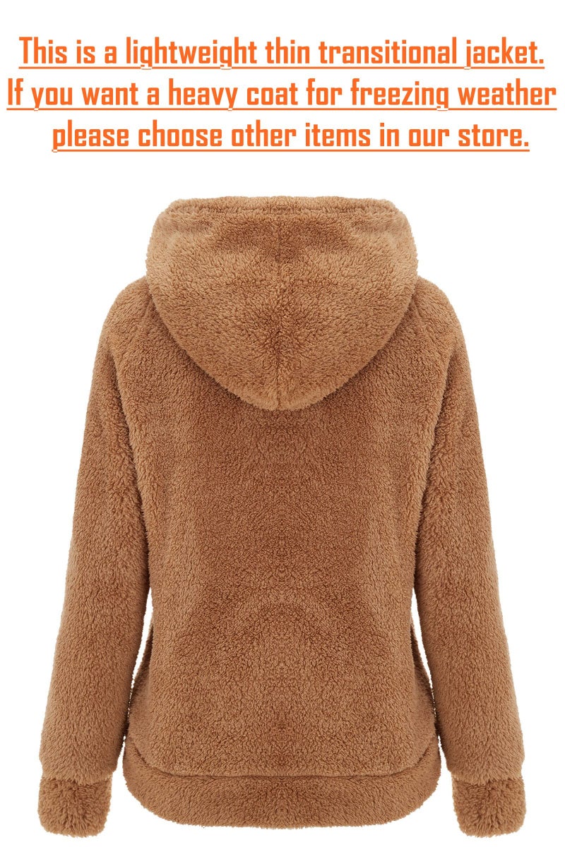 RISISSIDA Women Fleece Jacket Faux Fur Sherpa Short Coat with Hood Fall Spring Fuzzy Fluffy Furry Plush Lightweight Transitional Zip Up Hoodie Camel XX-L - Image 4