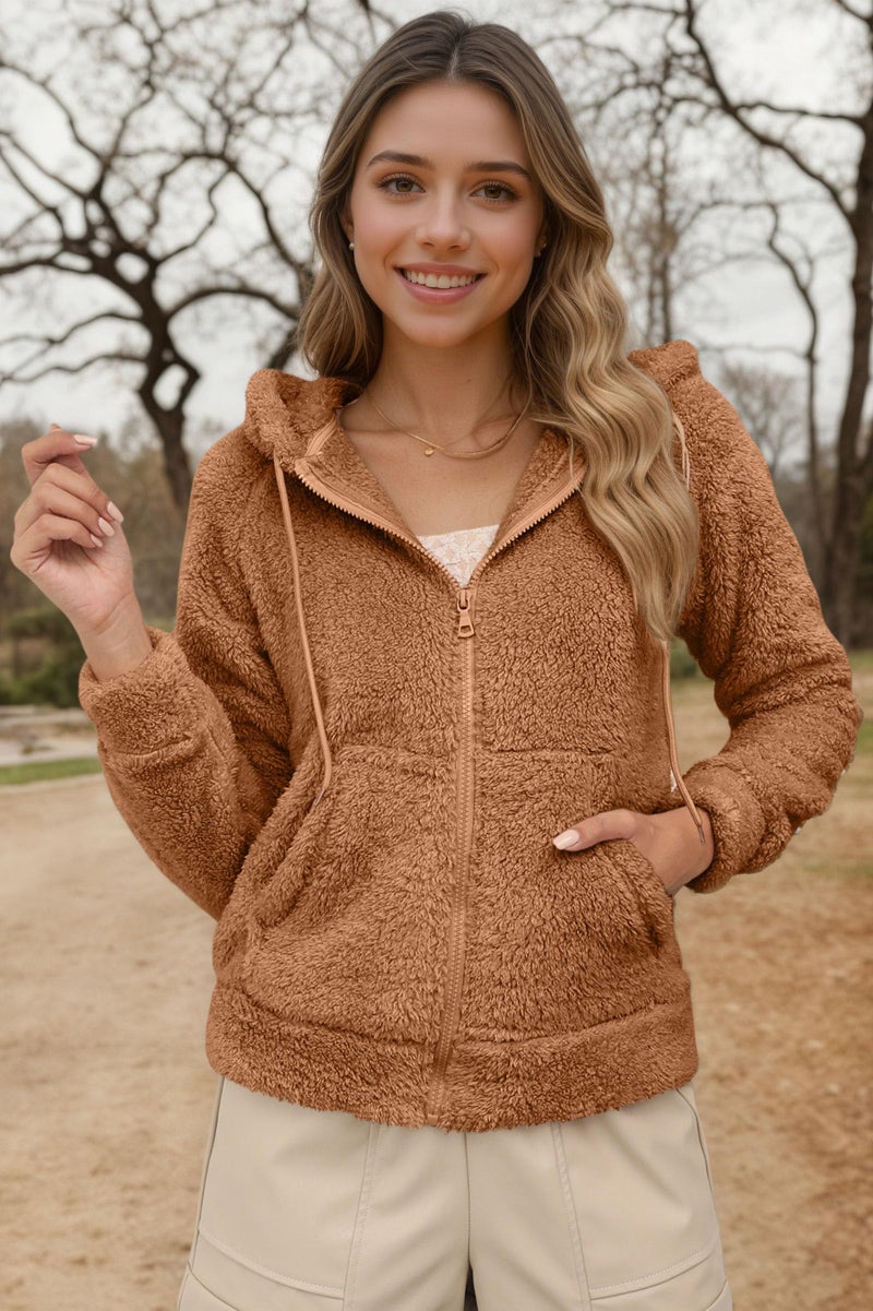 RISISSIDA Women Fleece Jacket Faux Fur Sherpa Short Coat with Hood Fall Spring Fuzzy Fluffy Furry Plush Lightweight Transitional Zip Up Hoodie Camel XX-L - Image 2