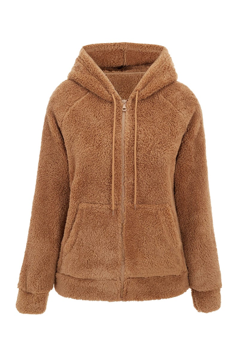 RISISSIDA Women Fleece Jacket Faux Fur Sherpa Short Coat with Hood Fall Spring Fuzzy Fluffy Furry Plush Lightweight Transitional Zip Up Hoodie Camel XX-L - Image 1