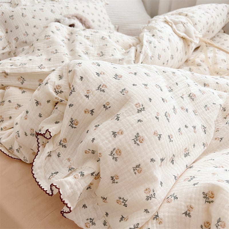 Blogger With Class A Ins Fresh Style Floral Gauze Quilt Cover Cotton Double-Layer Yarn Soft Skin-Friendly Single Four-Piece Set - Image 4