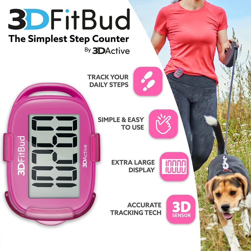 3DActive 3DFitBud Simple Step Counter Walking 3D Pedometer by 3DActive with Clip, Lanyard Accurate Step Tracker Large Display, Easy to Use for Kids Men Women Adult Seniors Daily Step Tracking - A420S - Pink - Image 2