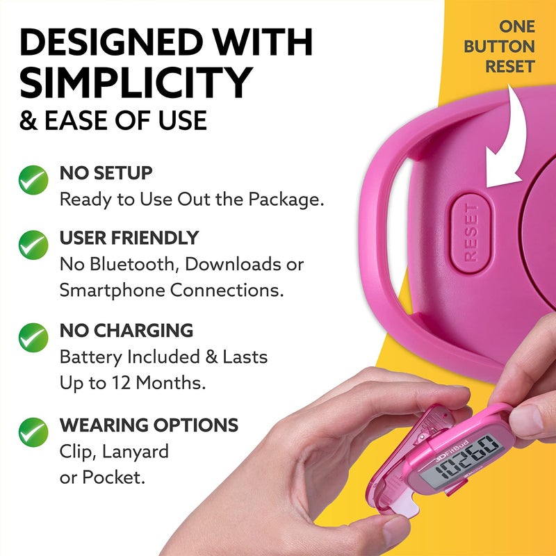 3DActive 3DFitBud Simple Step Counter Walking 3D Pedometer by 3DActive with Clip, Lanyard Accurate Step Tracker Large Display, Easy to Use for Kids Men Women Adult Seniors Daily Step Tracking - A420S - Pink - Image 3