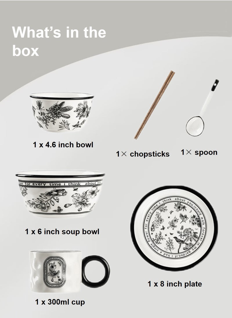 Ceramic Cutlery Gift Set, One Bowl (4.6 "), One Soup Bowl (6 "), One Cup (300Ml), One Plate (8 "), One Pair Of Chopsticks And One Spoon, Suitable For One Person - Image 2