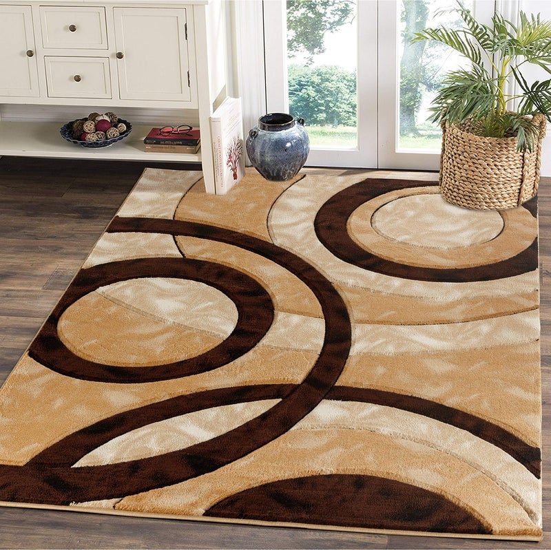 GLORY RUGS Area Rug Modern 4x6 Brown Circles Geometry Soft Hand Carved Contemporary Floor Carpet Fluffy Texture for Indoor Living Dining Room and Bedroom Area - Image 1