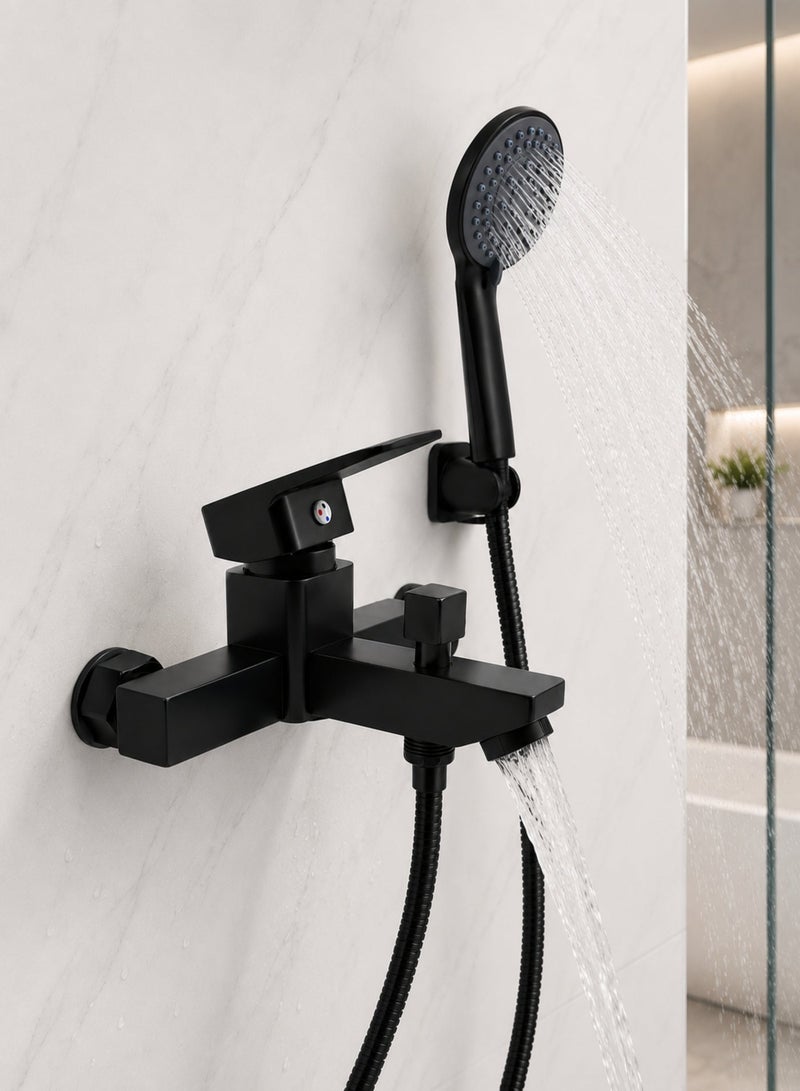 Matte Black Bathroom Shower Mixer Set with Handheld Shower Head, Wall Mounted Single Lever Bath & Shower Faucet, Solid Brass Body, Stainless Steel Hose, Water Saving, Easy to Clean, Complete Shower Kit, 17.5 × 13.5 × 9 cm - Image 4