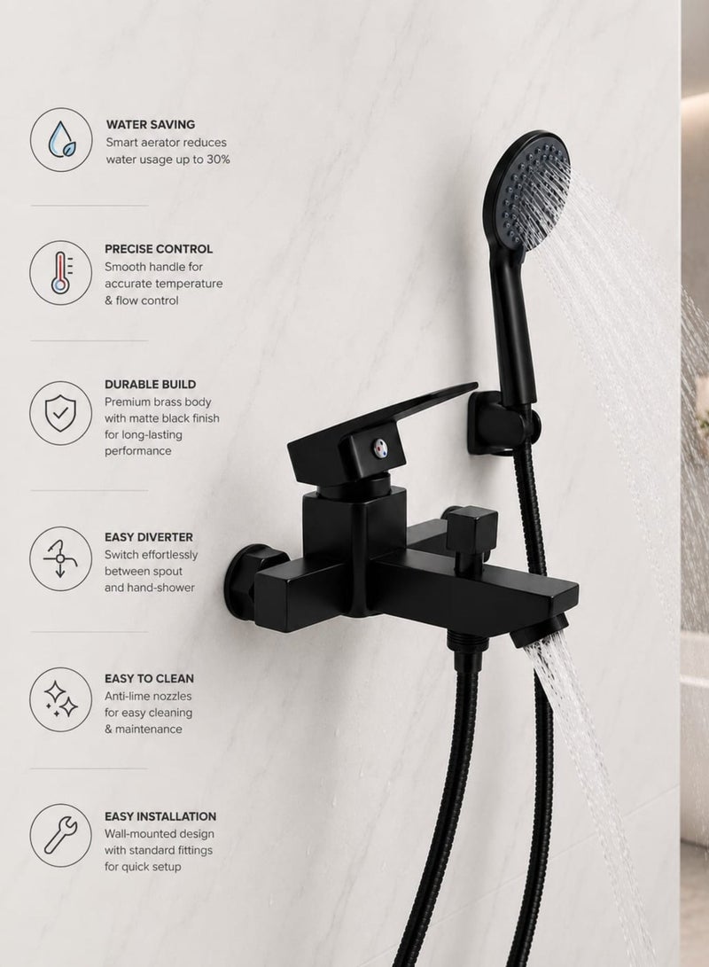 Matte Black Bathroom Shower Mixer Set with Handheld Shower Head, Wall Mounted Single Lever Bath & Shower Faucet, Solid Brass Body, Stainless Steel Hose, Water Saving, Easy to Clean, Complete Shower Kit, 17.5 × 13.5 × 9 cm - Image 5