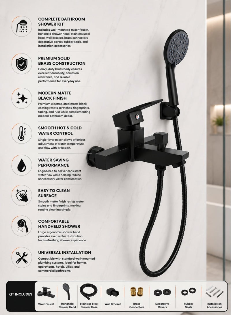 Matte Black Bathroom Shower Mixer Set with Handheld Shower Head, Wall Mounted Single Lever Bath & Shower Faucet, Solid Brass Body, Stainless Steel Hose, Water Saving, Easy to Clean, Complete Shower Kit, 17.5 × 13.5 × 9 cm - Image 1