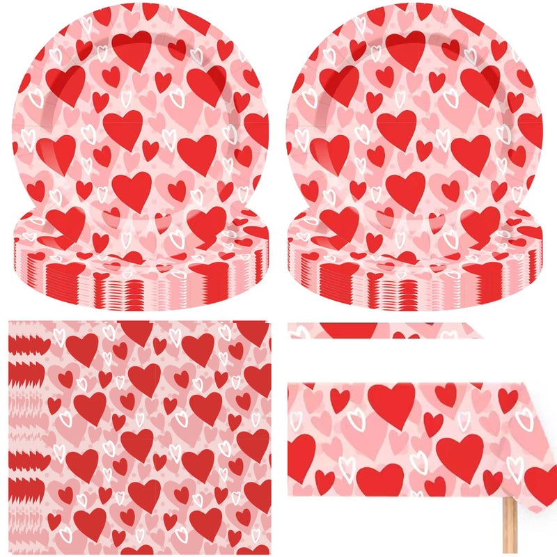 Dreasmt Valentines Day Paper Plates Disposable Tableware Set, Red Heart Paper Plate Set Napkins Tablecloths Valentine's Day Party Supplies Decorations - Image 1