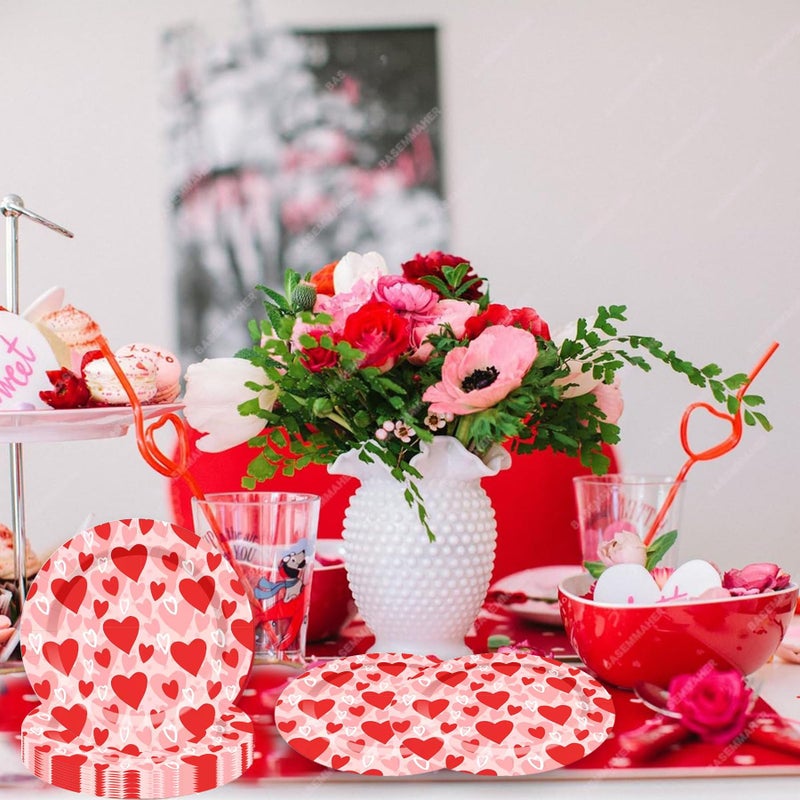 Dreasmt Valentines Day Paper Plates Disposable Tableware Set, Red Heart Paper Plate Set Napkins Tablecloths Valentine's Day Party Supplies Decorations - Image 5