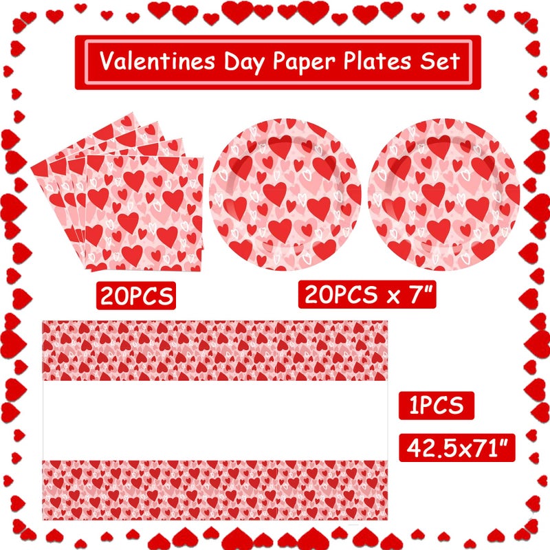 Dreasmt Valentines Day Paper Plates Disposable Tableware Set, Red Heart Paper Plate Set Napkins Tablecloths Valentine's Day Party Supplies Decorations - Image 2