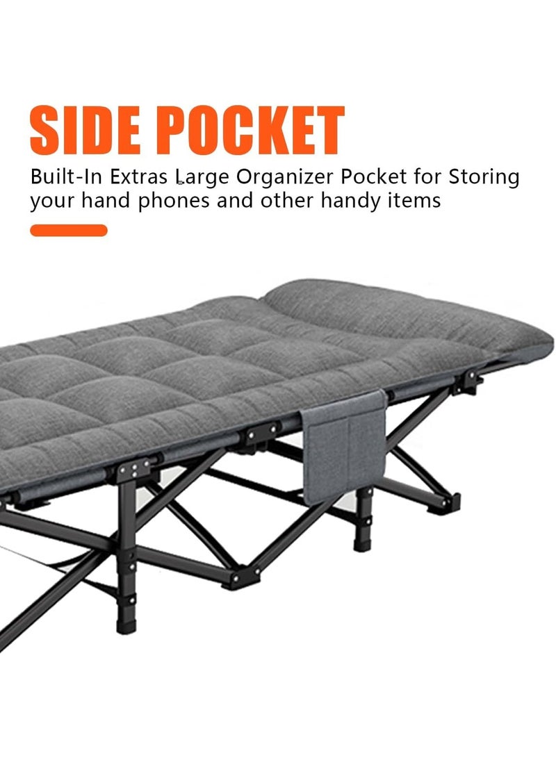 ميشيدا السرير المُطوي للتخييم للبالغين، سرير مُطوي خفيف الوزن مع جيب جانبي وحقيبة حمل، سرير خيمة مُنقول للتخييم الخارجي、نوم الظهر في المكتب والسفر، يدعم وزن حتى 450 رطلاً (رمادي) - Image 5