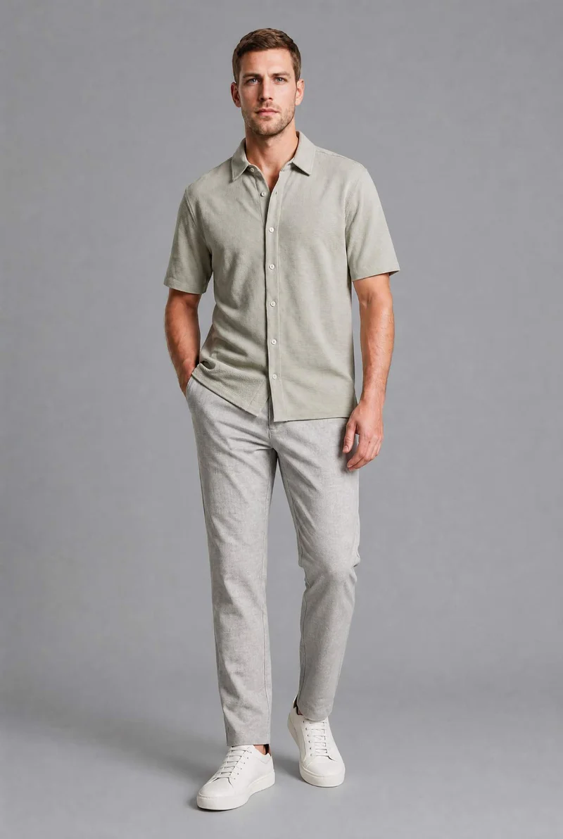 Regular Fit Beige Blended Linen Trousers