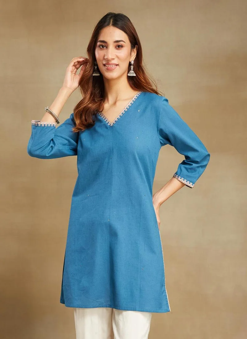 فاب انديا Blue Cotton Thigh Length Short Kurta