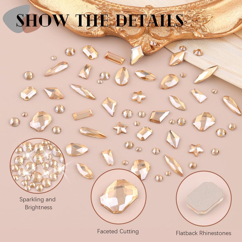 BELLEBOOST 3220Pcs Gold Nail Rhinestones, 1.5-4mm Mini Flatback Crystal & 3D Multi Shapes Gems, Champagne Gold Charms Diamond Gemstones for Nails Decoration - Image 3