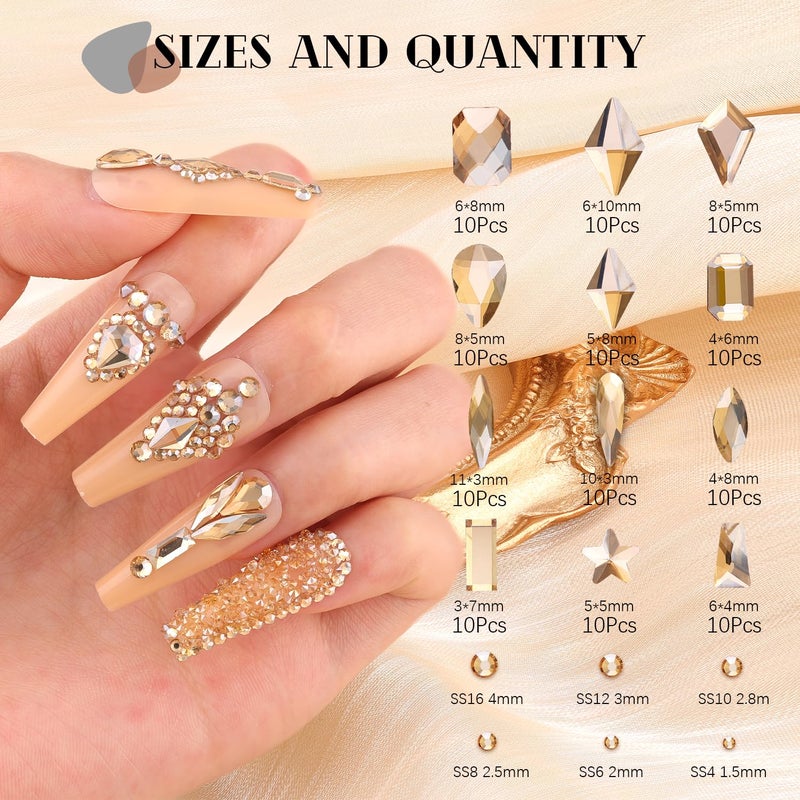 BELLEBOOST 3220Pcs Gold Nail Rhinestones, 1.5-4mm Mini Flatback Crystal & 3D Multi Shapes Gems, Champagne Gold Charms Diamond Gemstones for Nails Decoration - Image 2