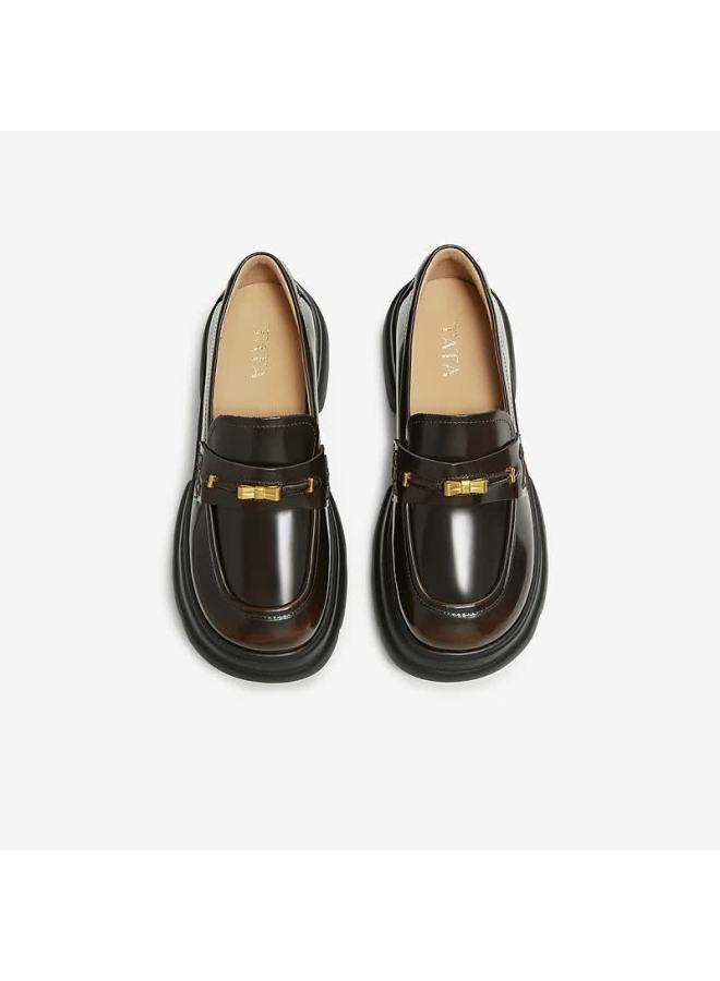 Tata Detective Home Women's Shoes Loafers Versatile Genuine Leather Thick Sole Moccasins Brown Size 34 - Image 2