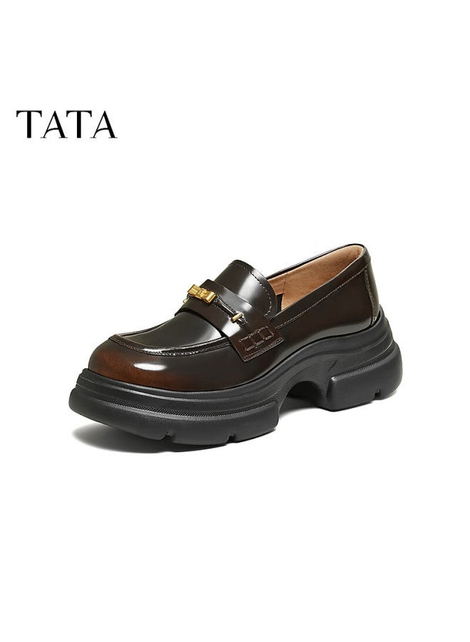 Tata Detective Home Women's Shoes Loafers Versatile Genuine Leather Thick Sole Moccasins Brown Size 34 - Image 1