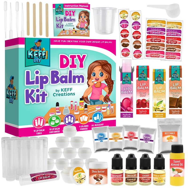 KEFF 51Pcs Lip Balm Making Kit - DIY Set for Natural Ingredients - Make Your Own Lip Gloss & Lip Balm for Kids Makeup Kit with Beeswax, Shea Butter, Flavor Oils, Mica Color Powders - Image 1