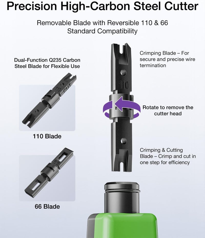VCELINK Punch Down Impact Tool with 110 & 66 Blades, Adjustable LO/HI Impact Force, Suitable for Keystone Jacks and 110 IDC Patch Panels, Green, 1 Pack - Image 4