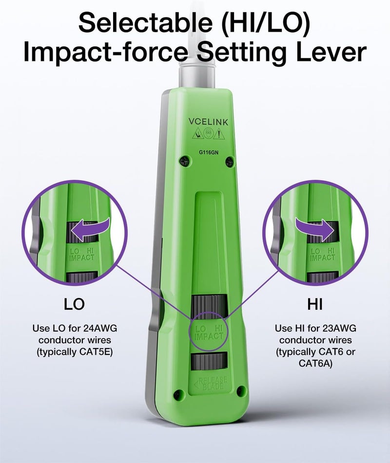 VCELINK Punch Down Impact Tool with 110 & 66 Blades, Adjustable LO/HI Impact Force, Suitable for Keystone Jacks and 110 IDC Patch Panels, Green, 1 Pack - Image 2