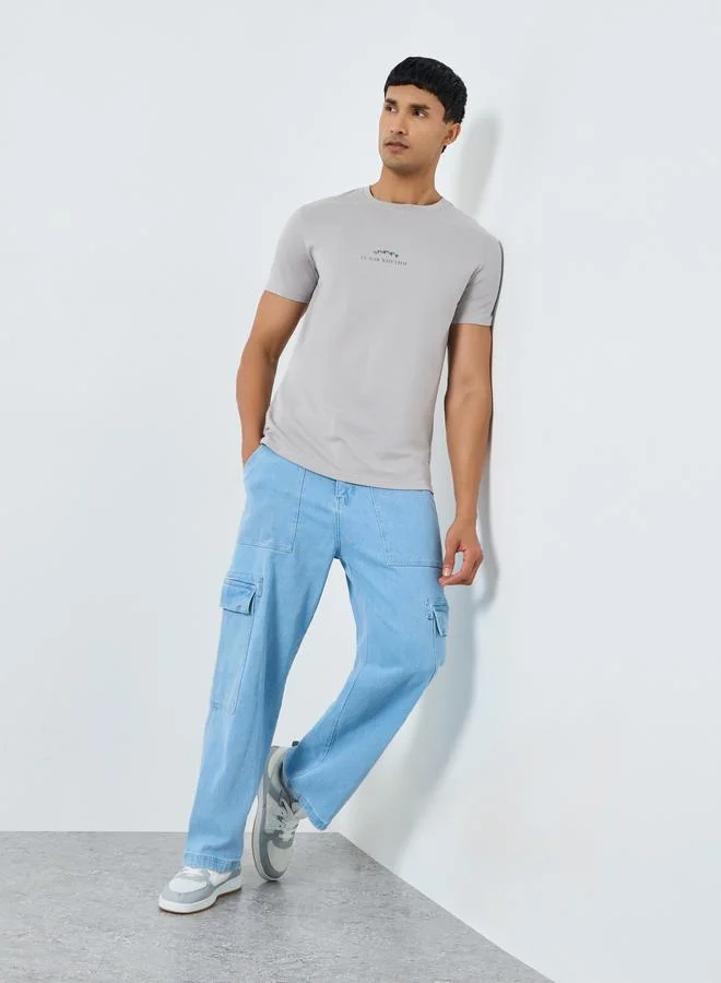 Styli Men Grey Slogan Print Regular Fit T-Shirt