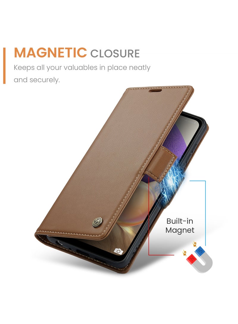 Flip Wallet Case for Samsung Galaxy A32 5G / M32 5G, Leather Magnetic Attachment Flip Case Brown - Image 3