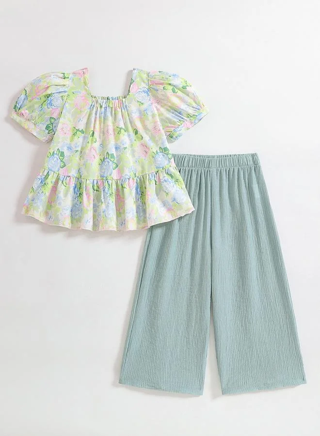 Take Two Girls Floral Print Top and Green Pants Set