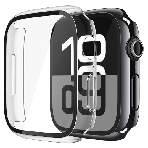 Misxi 2 Pack Tempered Glass Case Compatible for Apple Watch Series 11 (2025) Series 10 42mm, Hard PC Screen Protector Overall Protection Scratch-Resistant Cover for iWatch, 1 Jet Black + 1 Transparent - Image 1