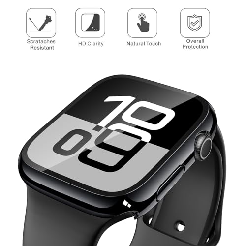 Misxi 2 Pack Tempered Glass Case Compatible for Apple Watch Series 11 (2025) Series 10 42mm, Hard PC Screen Protector Overall Protection Scratch-Resistant Cover for iWatch, 1 Jet Black + 1 Transparent - Image 3