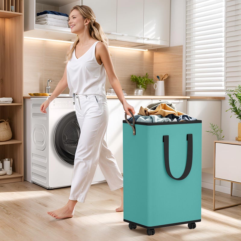 SpaceTrove Laundry Basket with Wheels, Collapsible Laundry Baskets, Laundry Hamper with Handles Detachable Wheels, Rolling Laundry Basket, Dirty Clothes Hamper for Bathroom, Dorm, Bedroom, Green, 80L - Image 3