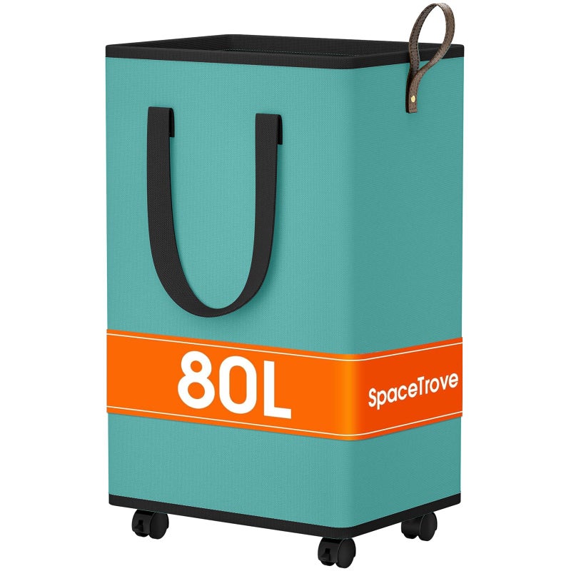 SpaceTrove Laundry Basket with Wheels, Collapsible Laundry Baskets, Laundry Hamper with Handles Detachable Wheels, Rolling Laundry Basket, Dirty Clothes Hamper for Bathroom, Dorm, Bedroom, Green, 80L - Image 1