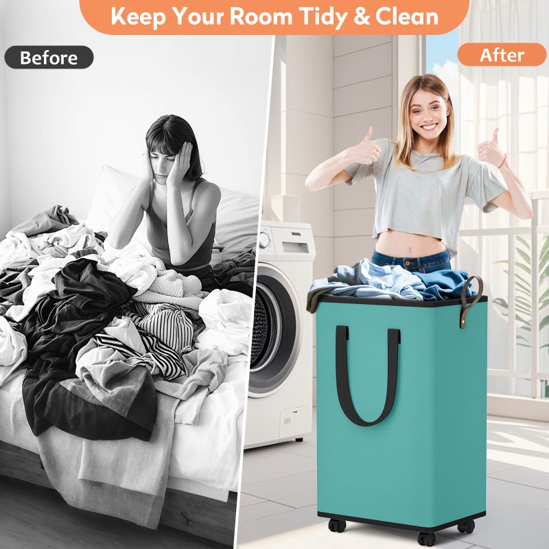 SpaceTrove Laundry Basket with Wheels, Collapsible Laundry Baskets, Laundry Hamper with Handles Detachable Wheels, Rolling Laundry Basket, Dirty Clothes Hamper for Bathroom, Dorm, Bedroom, Green, 80L - Image 5