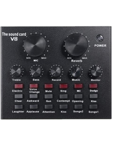 V8 Multifunctional Live Sound Card USB Audio Interface Intelligent Volume Adjustable Audio Mixer Sound Card for Recording Hosting Speech