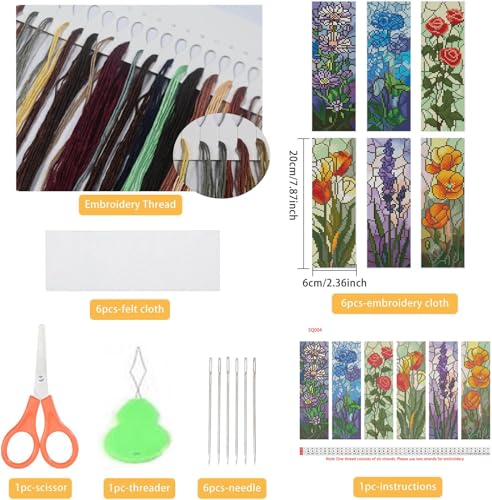 NEGEKFKX 6 Pcs Cross Stitch Bookmark Kit for Adult Beginners,Broken Glass Flowers Cross Stitch Kits 14 CT DIY Cross Stitch Kits Adult Stamped Bookmark Embroidery Bookmarks Kit - Image 2