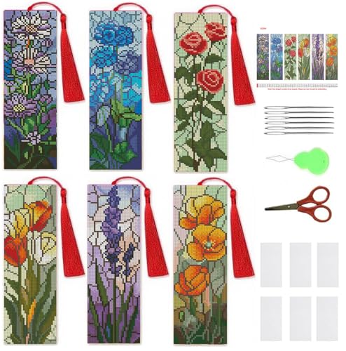 NEGEKFKX 6 Pcs Cross Stitch Bookmark Kit for Adult Beginners,Broken Glass Flowers Cross Stitch Kits 14 CT DIY Cross Stitch Kits Adult Stamped Bookmark Embroidery Bookmarks Kit - Image 1