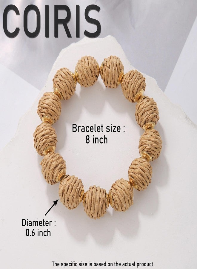 Coiris Rattan Ball Bracelet Adjustable Handmade Raffia Bracelets Woven Stretch Bracelet for Women(BR-1229-Light Brown) - Image 4