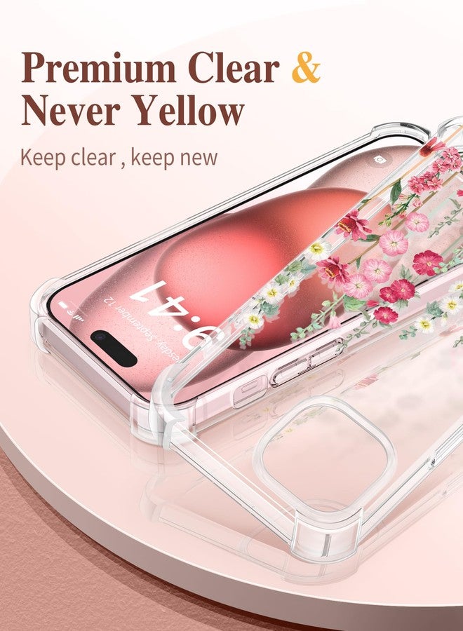 GVIEWIN Case Compatible with iPhone 15 Plus 6.7" 2023,with Screen Protector+Camera Lens Protector,Non-yellow Flower Clear TPU Slim Shockproof Anti-Scratch Protective Cover (Alcea/Red) - Image 3