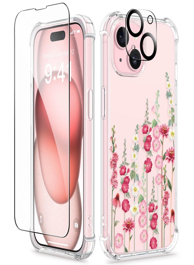GVIEWIN Case Compatible with iPhone 15 Plus 6.7" 2023,with Screen Protector+Camera Lens Protector,Non-yellow Flower Clear TPU Slim Shockproof Anti-Scratch Protective Cover (Alcea/Red) - Image 1