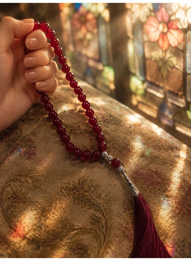 Slema Wine Red Transparent Crystal 33 Tashiha Prayer Beads Tasbih 12mm, Muslim Misbaha Rosary with Burgundy Tassel for Daily Dhikr & Eid Religious Gift - Image 3