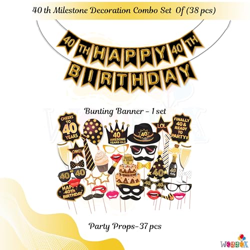 Wobbox 40th Birthday Photo Booth Party Props Brown & Golden Glitter with 40th Birthday Bunting Banner, Birthday Party Decoration, Birthday Party Item - Image 2