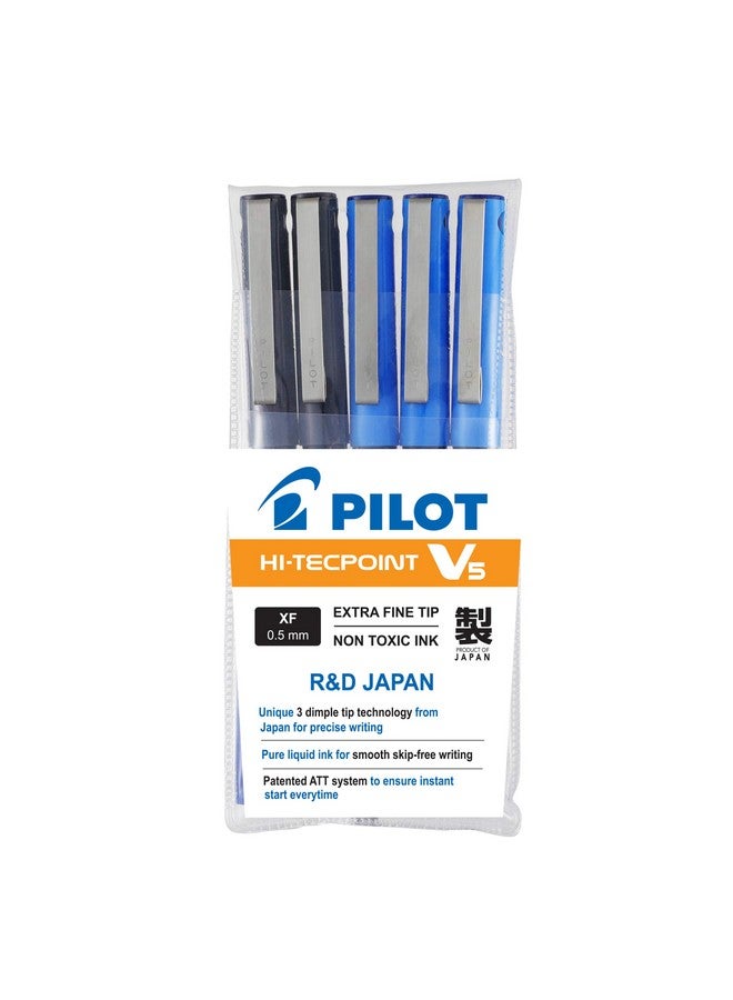 Pilot Hi-Tecpoint V5 0.5mm Extra Fine Point Pure Liquid Ink Roller Ball Pen | Pack Of 5 (3 Blue + 2 Black) - Image 4