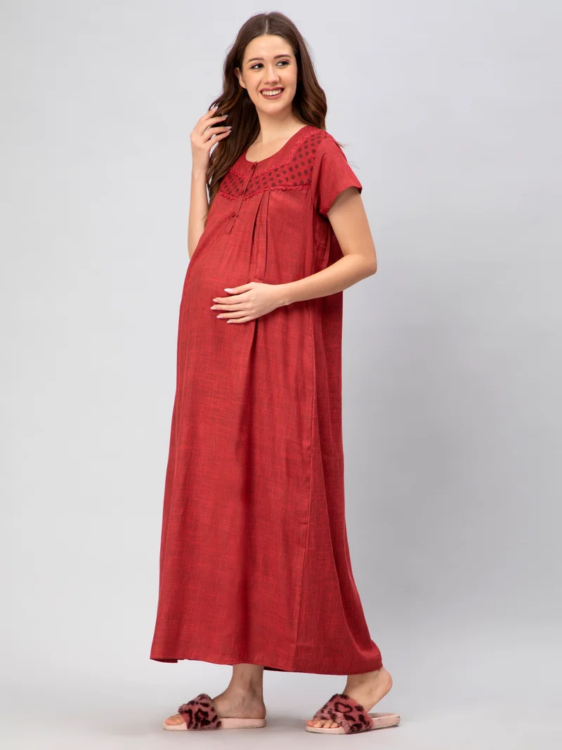 CEE 18 Women Cotton Rayon A-Line Dusty Maroon Maternity Wear Feeding Long Nursing Nighty Night Gown with Concealed Zipper(Dusty Maroon)